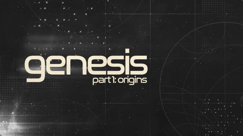 The text Genesis:origins on a spacey background